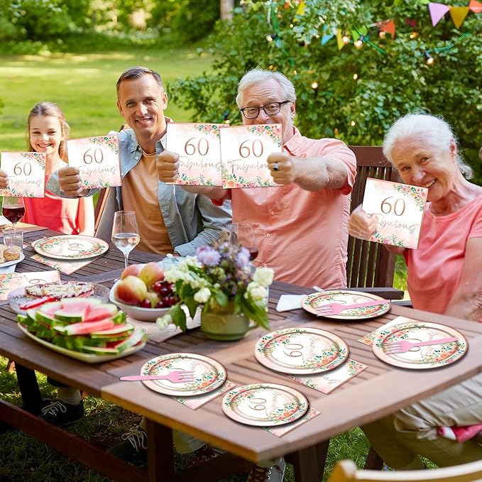 96Pcs 60th Birthday Party Supplies 60 Fabulous Paper Plates Napkins 60 Years Party Decorations Rose Gold Birthday Dinnerware Party Favor Women 60th Birthday Tableware Serves 24