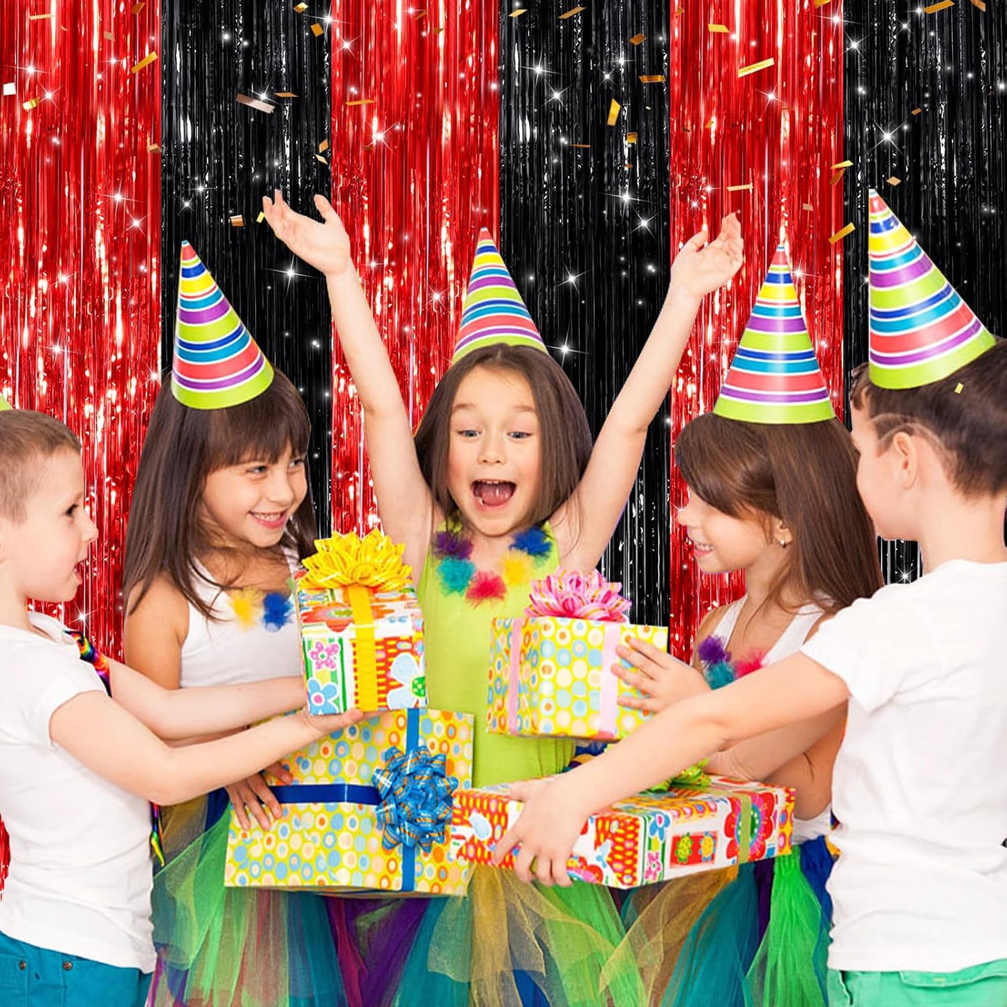 2 Pack Black Red Metallic Tinsel Foil Fringe Curtains, Door Streamers Photo Booth Backdrop for Birthday Party, Tinsel Curtain Backdrop for Baby Shower Bachelorette Christmas Party Decorations