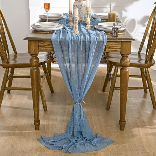 Artoid Mode Boho Cheesecloth Gauze Smoky Blue Wedding Table Runner, 120 Inch Seasonal Fabric Kitchen Dining Holiday Table Decor for Home Party Indoor