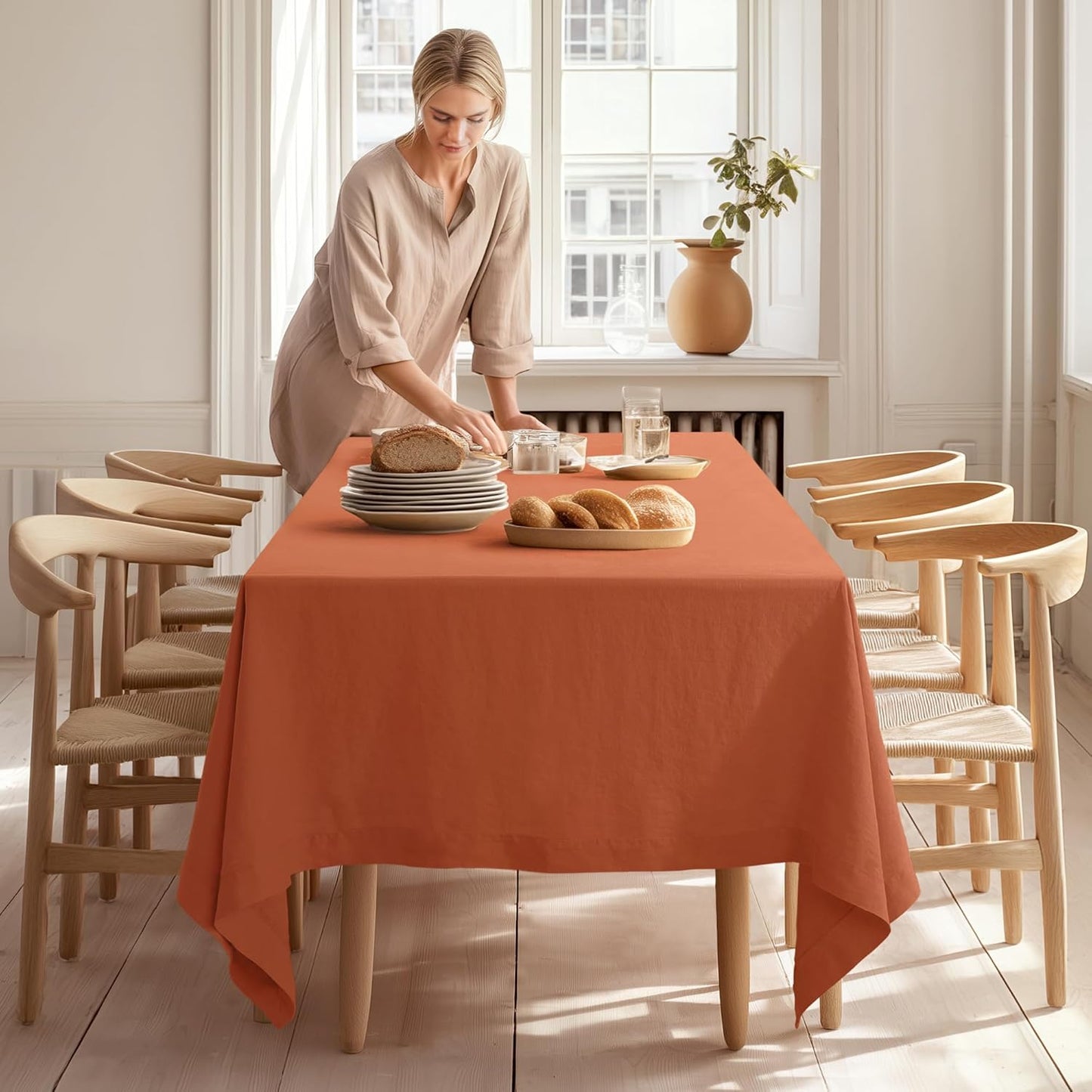Linen World Fall Linen Tablecloth 120" x 60" Inch,French Linen Washable Rectangular Table Cloth for Dining,Outdoor,Weddings and Restaurants,Decorative Thanksgiving Christmas,Burnt Orange