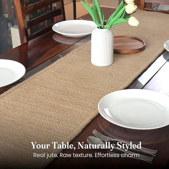 Jute Table Runner 72 Inches – Reversible Woven Burlap Jute Table Runner – Heat Resistant - Handmade Rustic Natural Look Rug for Farmhouse, Boho Dining Table Accessory (14x72)