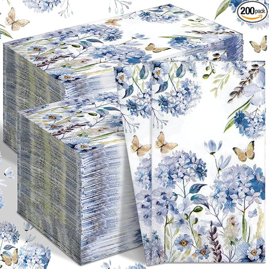 Karenhi 200 Pcs Watercolor Hydrangea Guest Napkins 2 Ply Spring Paper Guest Towels for Bathroom Blue Floral Disposable Hand Towels Decorative Dinner Napkins Bridal Shower Napkins for Wedding Party