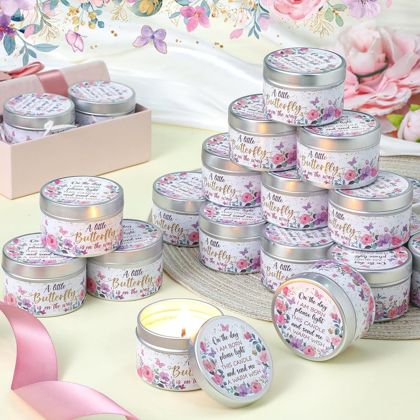 MTLEE 24 Pcs Butterfly Baby Shower Party Favors Candles Lavender Scented Baby Shower Favors for Guests Rustic Tealights Candles Gender Reveal Return Gifts Girl Boy(1.2 Oz, Gold)