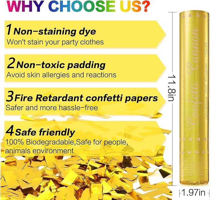 Gold Confetti Poppers - 12 Pack Golden Confetti Cannon for Wedding, Birthday, Graduation, Baby Shower, Anniversary, Christmas, New Year's