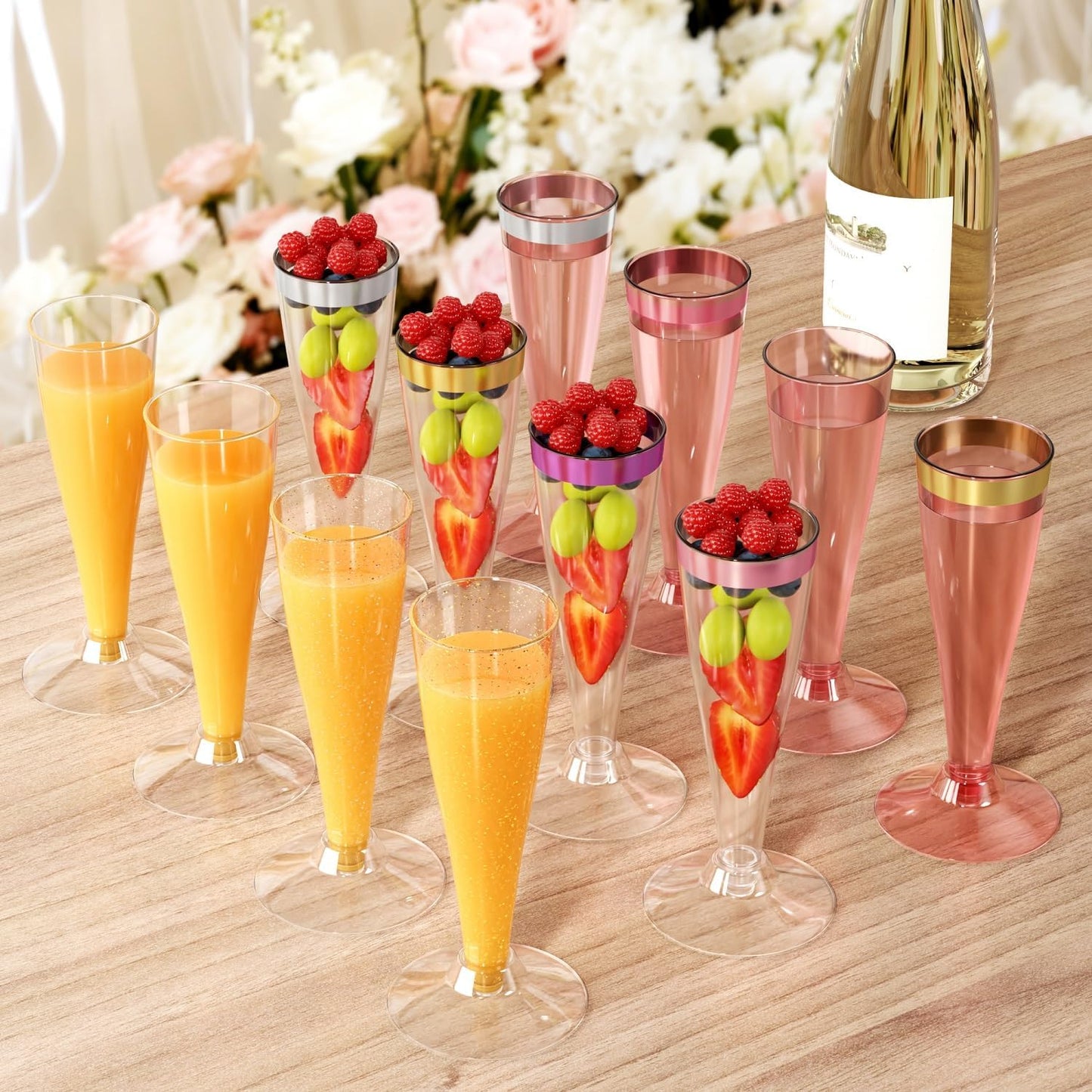 100 Pack Champagne Flutes Plastic Wine Glasses Disposable, 4.5 Oz Gold Glitter Mimosa Glasses for 2025 Engagement Wedding Birthday New Years Eve Xmas Party Supplies, Bulk Toasting Cocktail Cups