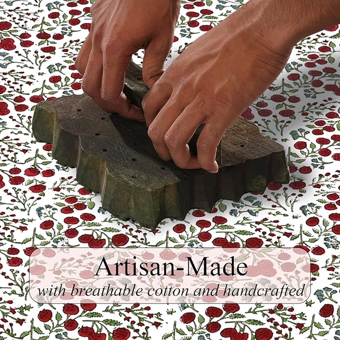 Ridhi Hand Block Print Garnet Red Rectangle Cotton Tablecloth 190" x 72" Reusable Table Cover Decorative Everyday Use for Dining, Farmhouse, Home Gift for Spring, Easter, Valentine