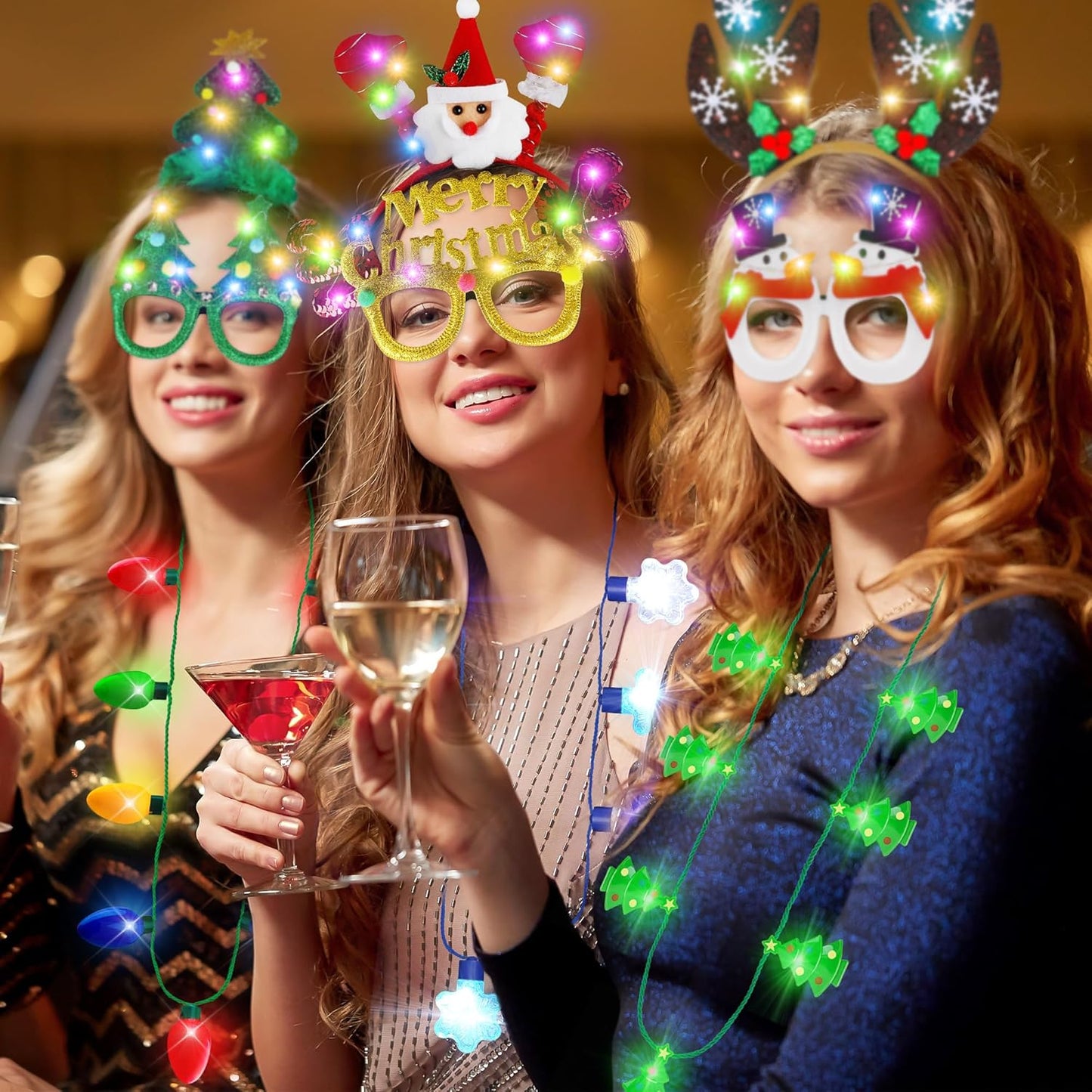 Blowata 12 PCS Christmas Party Favors, Light Up Christmas Necklace Headband Glasses Set, Candy Cane Snowflake Tree Bulb Necklace LED Headband Flashing Eyeglasses for Xmas Gifts, Christmas Accessories