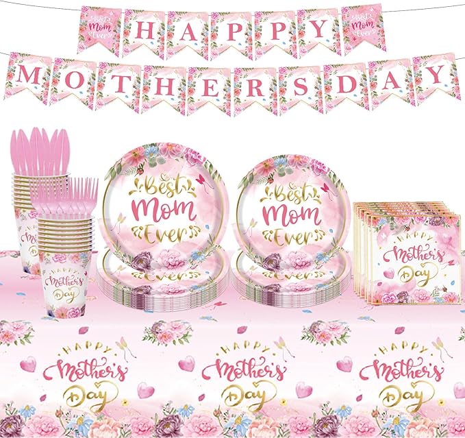 98PCS Happy Mother's Day Party Supplies Mothers Day Tableware Set Best Mom Ever Paper Plates Napkins Forks Knives Tablecloth Banner Mothers Day Party Decorations Disposable Dinnerware for 16 Guests