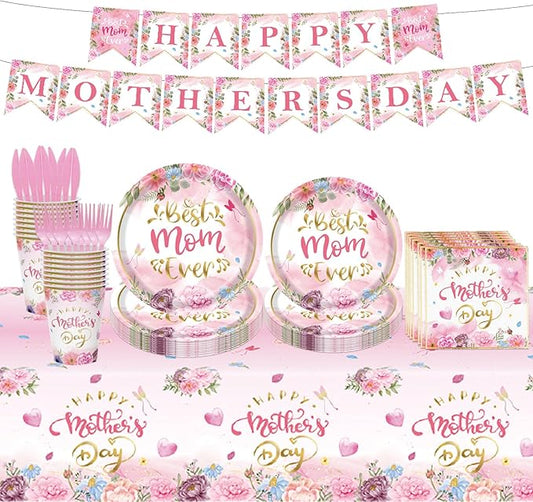98PCS Happy Mother's Day Party Supplies Mothers Day Tableware Set Best Mom Ever Paper Plates Napkins Forks Knives Tablecloth Banner Mothers Day Party Decorations Disposable Dinnerware for 16 Guests