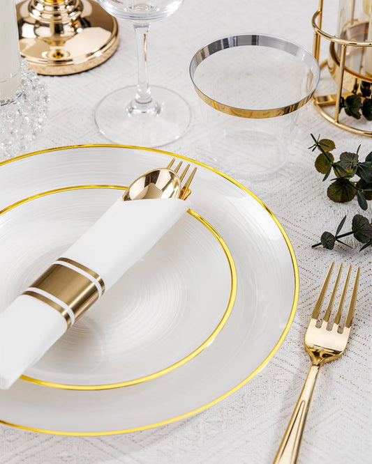 Morejoy 175PCS Pearl White and Gold Plastic Plates - Disposable Gold Party Plates & Pre Rolled Napkins with Cutlery for 25 Guests, 50Plates, 75Silverware, 25Cups, 25Napkin for Party & Thanksgiving
