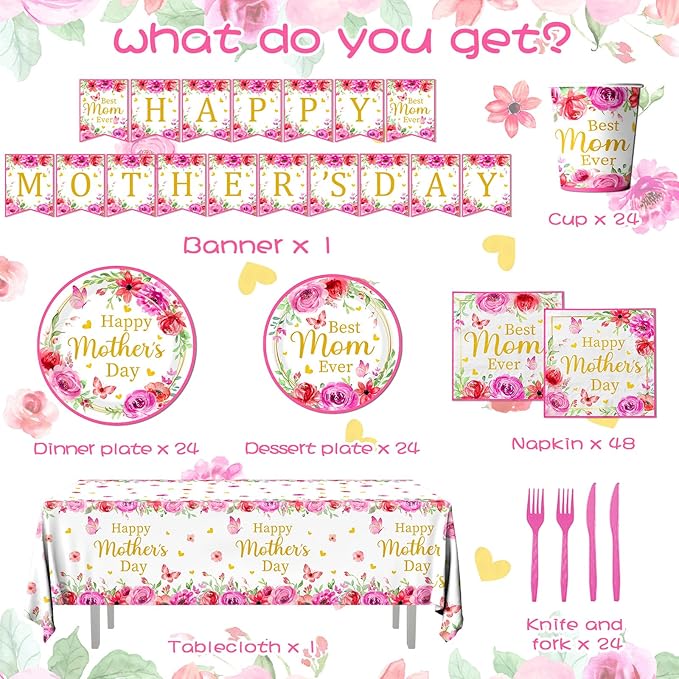 Mothers Day Decorations for Party,170Pcs Mother's Day Tableware Includes Happy Mothers Day Plates and Napkins,Tablecloth,Cups,Forks, Knives,Banner,Best Mom Ever Decoration,Sever 24
