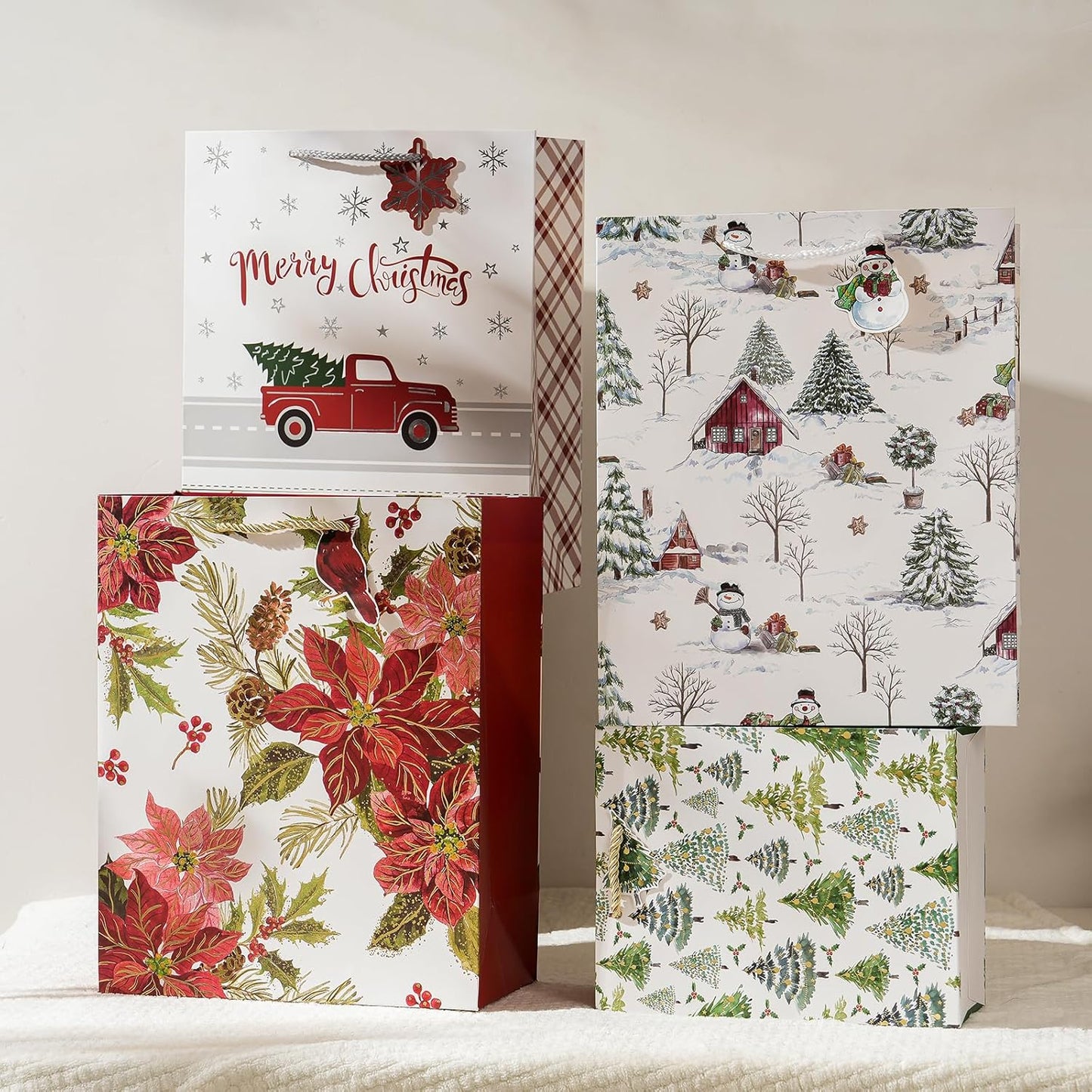 Enfoldia 4 Pack 9" Medium Christmas Paper Gift Bags with Handles Tag Gold Silver Tissue Paper Holiday Goody Treat Bags Xmas Treat Gift Wrap Party Favor Supplies Winter Weddings Present Wrapping Bulk