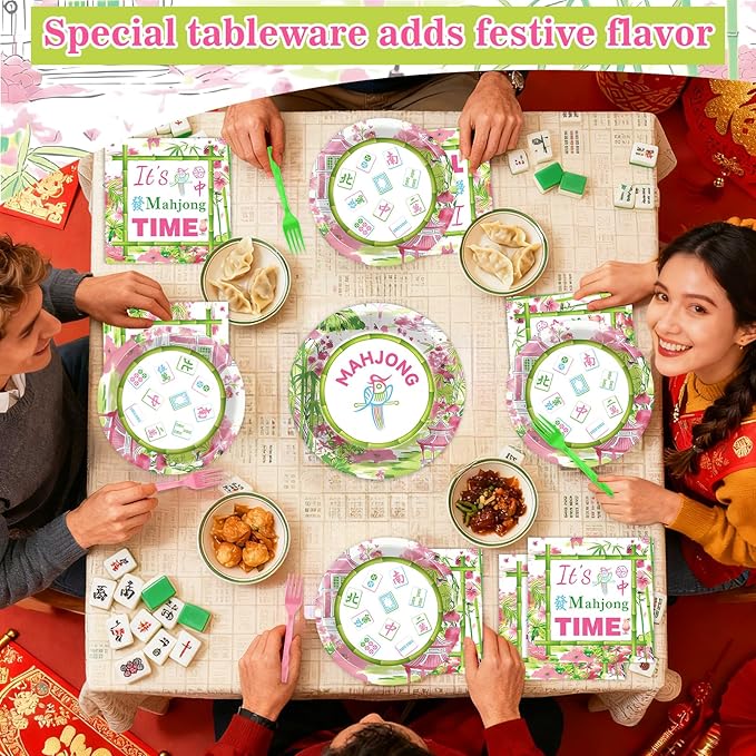 OBUSATT 96Pcs Mahjong Party Supplies Mahjong Paper Plates Napkins and Forks Mah jong Birthday Party Decorations Green and Pink Dinnerware for Home Special Events Game Night Tableware Serves 24
