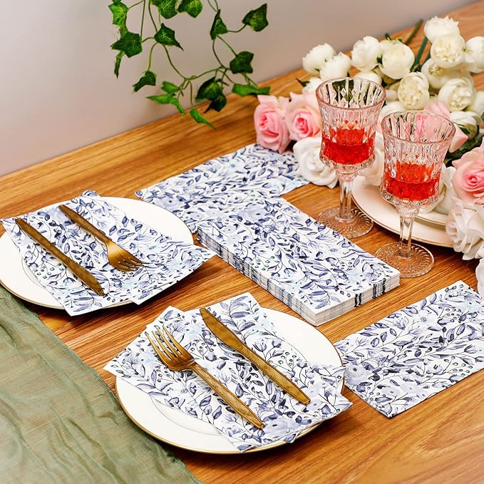 Karenhi 200 Pcs Blue Paper Hand Towels 2 Ply Blue Floral Bathroom Guest Napkins Flower Decorative Disposable Napkins Wildflower Disposable Bathroom Towels for Wedding Birthday Party Baby Shower