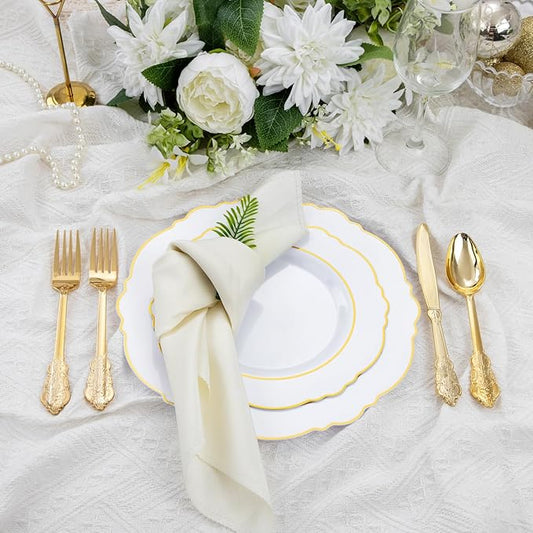 Liacere 175pcs Gold Plastic Plates - White and Gold Disposable, 50PCS Plastic Dinner Plates, Perfect for Wedding & Party & Holiday & Mother's Day & Easter Day