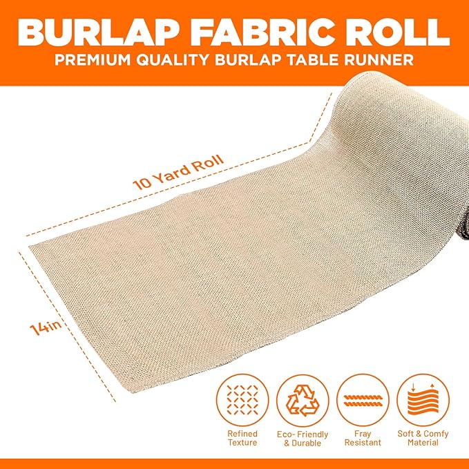 Burlap Table Runners- {14inx10yards}- Burlap Cloth Roll Used for Dining Runners, Crafts, Dresser Cover & Sackcloth - Natural Jute Runner Suitable for Event Decor, Thanksgiving Table & Weddings