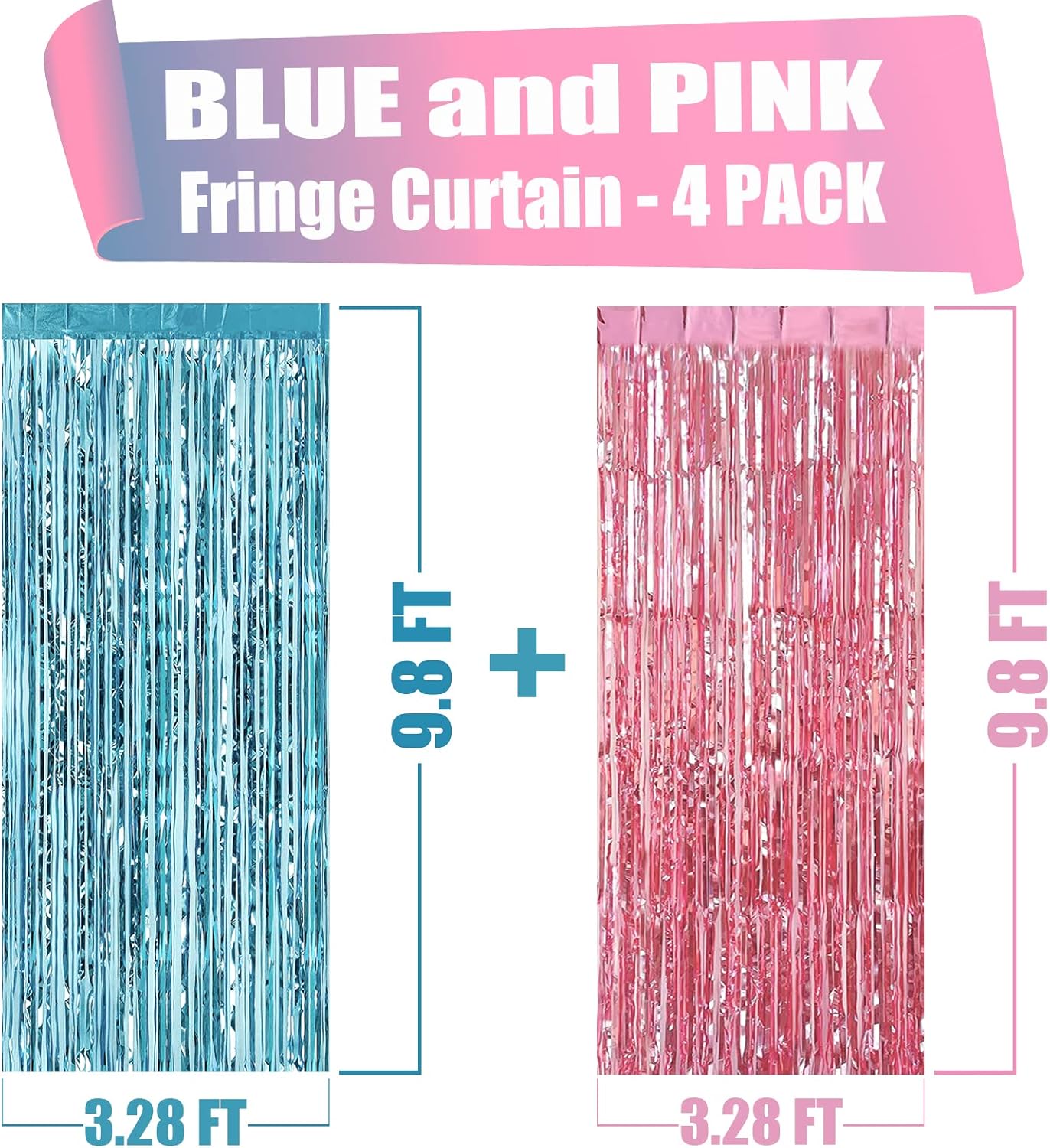 4 Pack Pink Blue Foil Fringe Curtain Backdrop, 3.28Ft x 9.8Ft Metallic Tinsel Foil Fringe Streamers Curtains for Photo Booth, Wedding Birthday Baby Shower Gender Reveal Boy or Girl Party Decoration