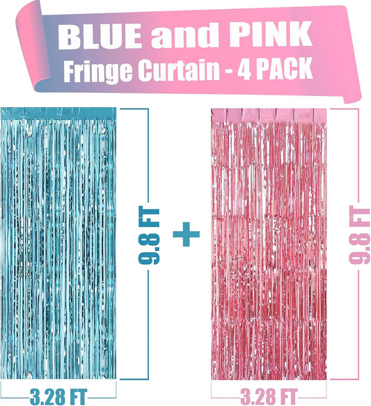 4 Pack Pink Blue Foil Fringe Curtain Backdrop, 3.28Ft x 9.8Ft Metallic Tinsel Foil Fringe Streamers Curtains for Photo Booth, Wedding Birthday Baby Shower Gender Reveal Boy or Girl Party Decoration