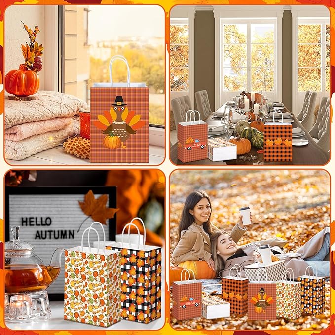 Glenmal 24 Pcs Thanksgiving Party Favors Bags Fall Gift Goodie Paper Bags with Handles Maple Leaf Pumpkin Pouch for Thanksgiving Party Decorations Supplies
