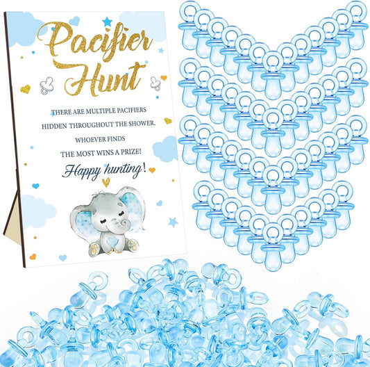 Thyle 51 Pcs Pacifier Hunt Baby Shower Games Include Hunt Sign and 50 Acrylic Pacifiers for Baby Shower Game Decoration Gift Sets Gender Reveal Party Decor(Blue Elephant)