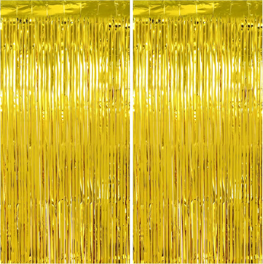 Gold Streamers Graduation Decorations - Thicken 2 Pack 3.2 x 8.2 FT - Golden Tinsel Foil Fringe Backdrop Curtains Party Backdrop for Birthday, Prom, Hollywood, Anniversary Party Decorations