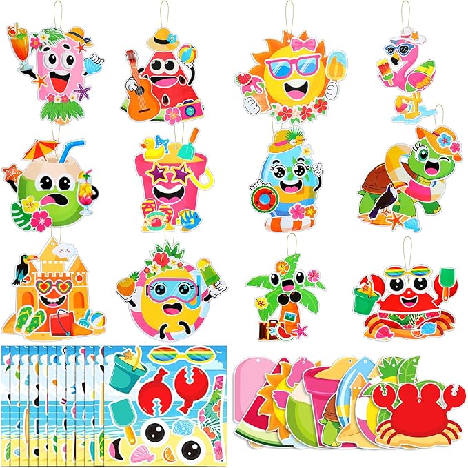 Frienda 48 Set Summer Make a Face Paper Sticker Craft Kit Hawaii Tropical Pool Beach Crafts Make Your Own Pineapple Flamingo Hawaii Sticker for Summer Party Favors Classroom Luau Game Rewards Gift