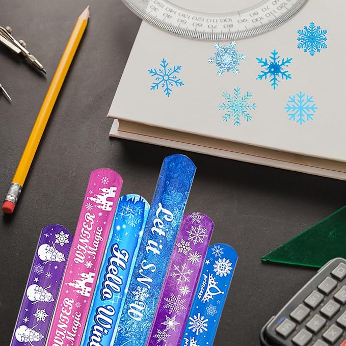 74Pcs Snowflake Theme Party Favors Contain 24 Pcs Snowflake Theme Slap Bracelets 50Pcs Snowflake Theme Stickers, Ice and Snow Theme Birthday Party Decorations
