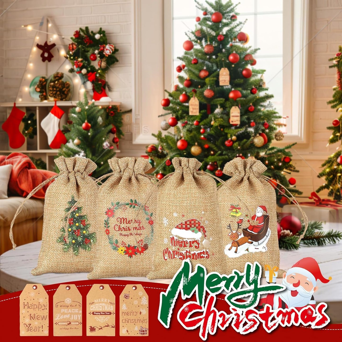 Tapleap Small Burlap Coth Christmas Gift Bags with Drawstring, 4x6 Inches (Lot of 40) with Tags, String, for Wrapping Holiday Party Favors or Gifts for, Kids Class, Coworkers, and Neighbor