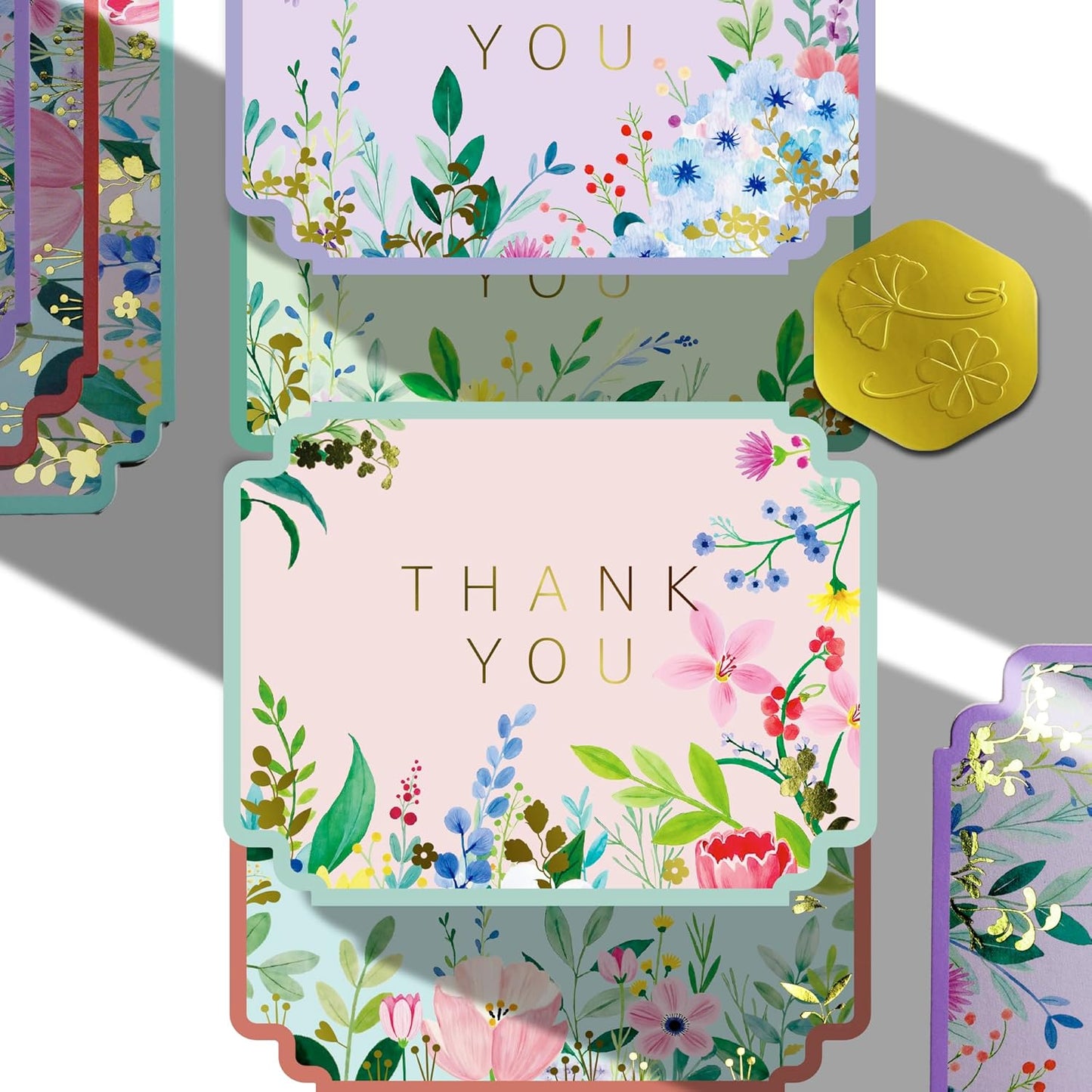 Floral Thank You Cards Bulk with Envelopes, 100-Pack, 4 Hand-Painted Designs, Die-Cut Edges for Baby/Bridal Shower Thank You Notes, Wedding, Birthday Party, Thanksgiving, Sage Green Lace-Lined Env. (4.25"x5.5")