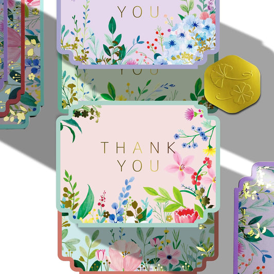 Floral Thank You Cards Bulk with Envelopes, 100-Pack, 4 Hand-Painted Designs, Die-Cut Edges for Baby/Bridal Shower Thank You Notes, Wedding, Birthday Party, Thanksgiving, Sage Green Lace-Lined Env. (4.25"x5.5")