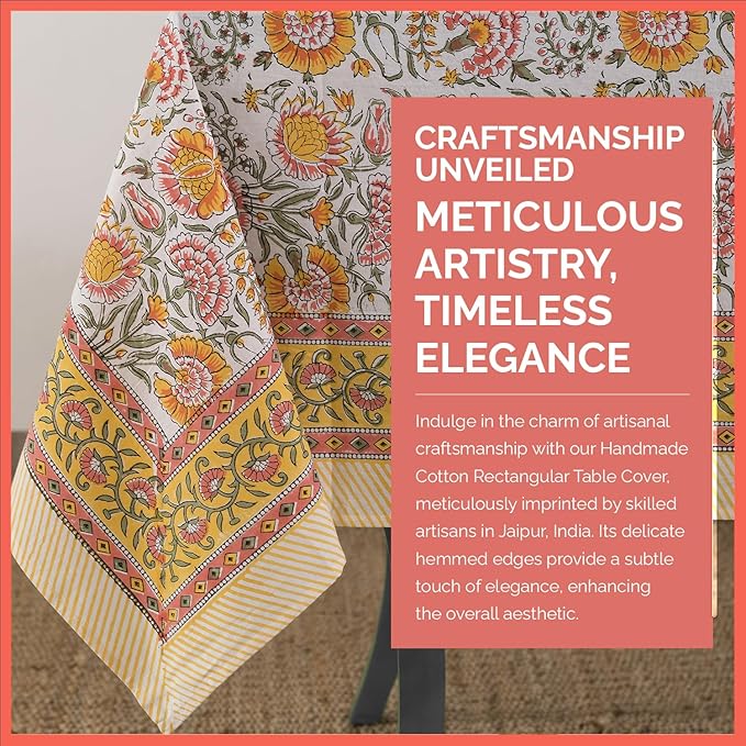 Labhanshi Indian Block Print Floral Table Cloth|Cotton 10-Seater 72x135 Inch Rectangle Reusable Dinner Picnic Tablecloth|Cocktail Parties Wedding Spring Easter Table Decor|White Marigold