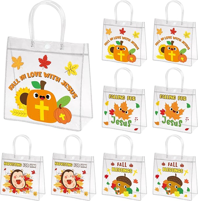 H1vojoxo Fall Blessings Gift Bags - 24PCS Religious Fall Clear PVC Gift Bags with Handle Reusable Christian Autumn Goodie Candy Bag for kids Sunday School Autumn Thanksgiving Party Favor Tote Bag
