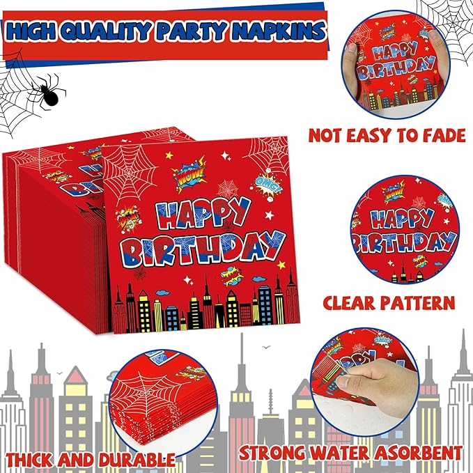 96Pcs Spider 3rd Birthday Party Decorations Cartoon Spider Theme Plates Napkins Red Blue Hero Tableware set Super Theme Hero 3rd Birthday Decoration Favors for Kids 3 Year Old Party Supplies Serve 24