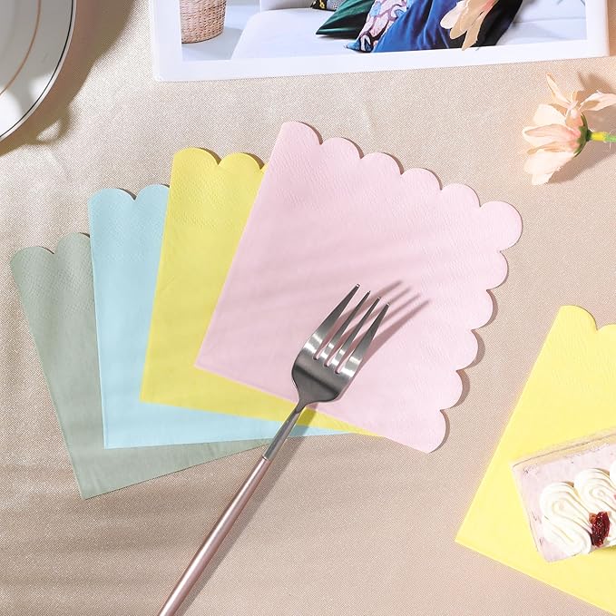 100 Pcs Cocktail Napkins Colorful Napkins with Scalloped Edges 5 x 5 Inch Dinner Napkins Disposable Thick Paper for Wedding Dinner Birthday Party - Assorted Colors Pink Green Yellow Blue