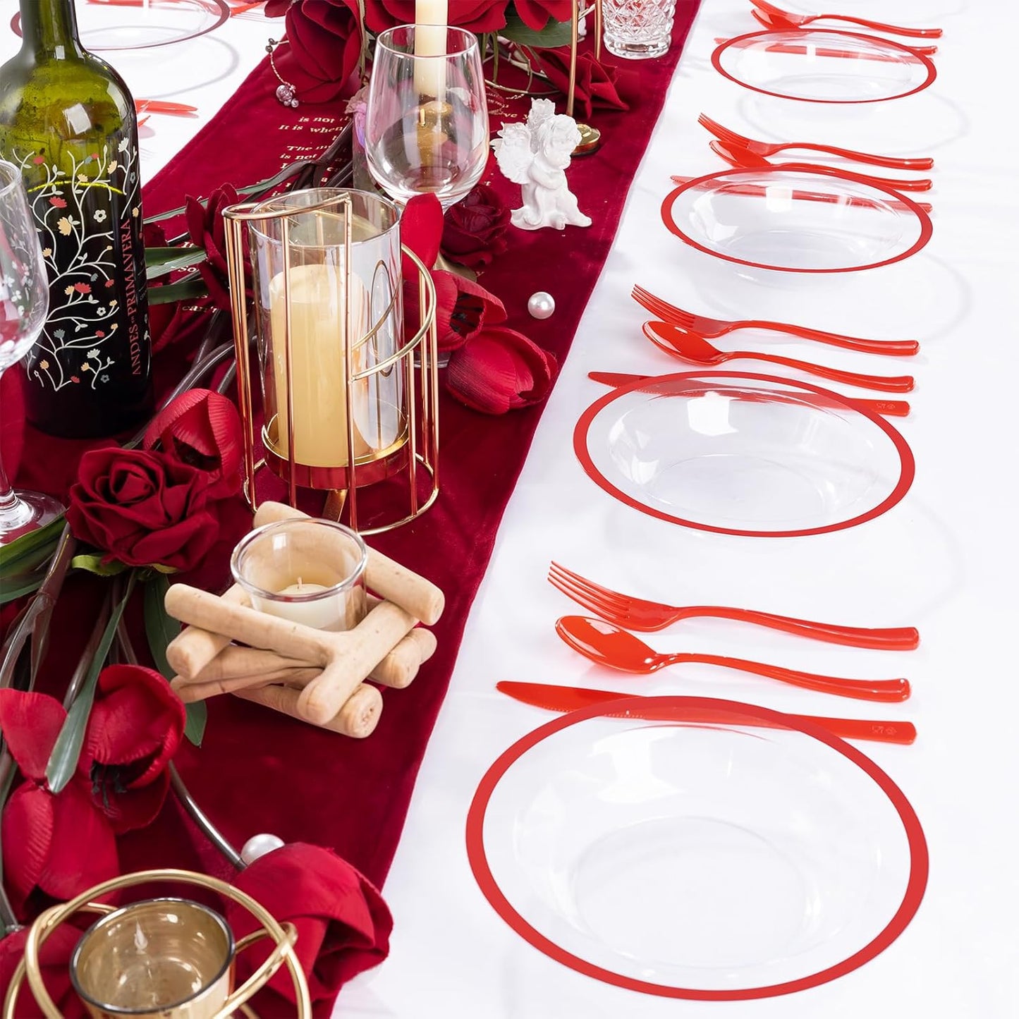 Liacere 60Pcs Red Plastic Bowls - Disposable Clear and Red Dessert Bowls - 12OZ Premium Plastic Soup Bowls for Wedding &Christmas Day
