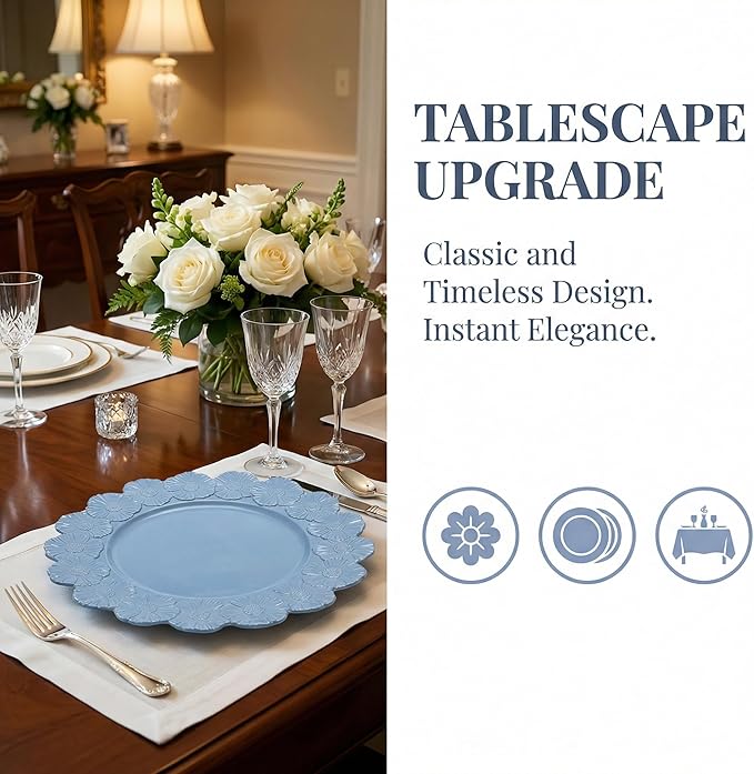 Blue Charger Plates with Flower Rim, 13" Round Charger for Dinner Plates, Set of 6 Plastic Plate Chargers for Wedding, Birthday.