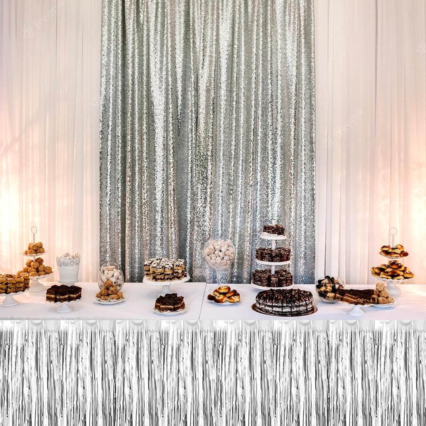 6 Pack 29x108 Inch 2024 New Year Metallic Foil Fringe Table Skirts Banner for Tinsel Streamer Garland Curtains Backdrop for Parade Floats Wedding Baby Shower Birthday Party Decoration Silver