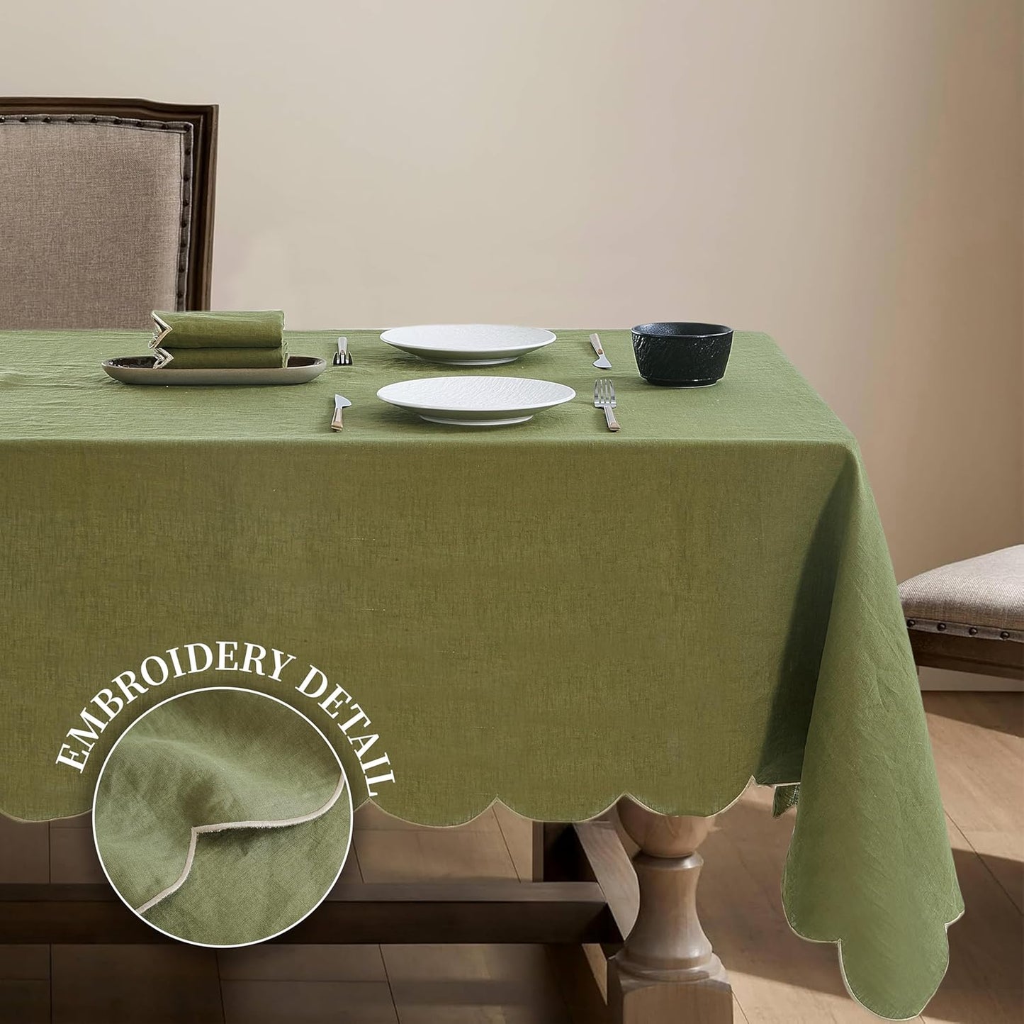 100% French Flax Linen Tablecloths Scalloped Embroidery Rectangle 84Lx60W Inch for Dinners, Parties, Spring, Easter, Machine Washable, 6-8 Sets, Olive Green(Edges-Gold)