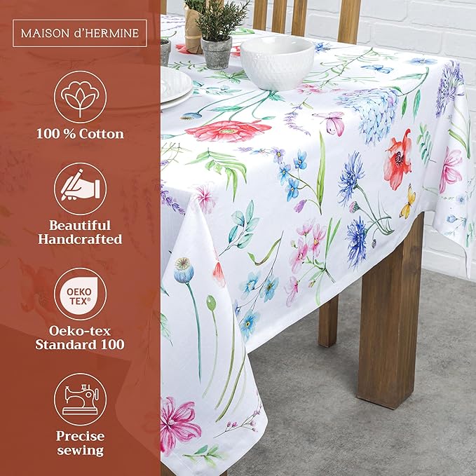 Maison d' Hermine Table Cloth Rectangle Table 100% Cotton 60 x 108 Inches Tablecloth Reusable Decorative for Dining Room Farmhouse Home Valentines Day Decorations Spring Summer - Just Floral