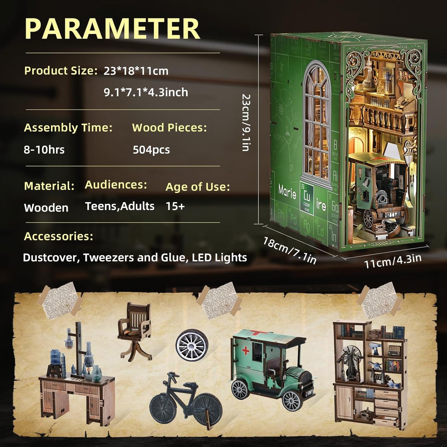 Book Nook Kit, DIY Miniature Dollhouse Kit 3D Puzzles for Adults Tiny House Mini Home Craft Bookshelf Nook Puzzle Book Decor Gifts for Teenagers Book Lovers (The Radium Lady)