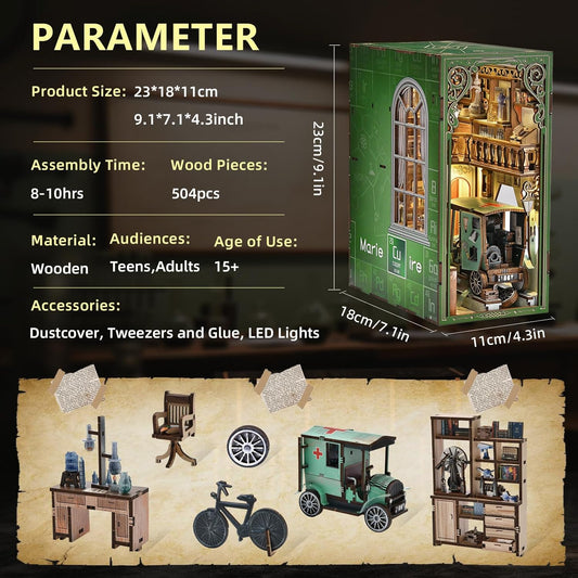 Book Nook Kit, DIY Miniature Dollhouse Kit 3D Puzzles for Adults Tiny House Mini Home Craft Bookshelf Nook Puzzle Book Decor Gifts for Teenagers Book Lovers (The Radium Lady)