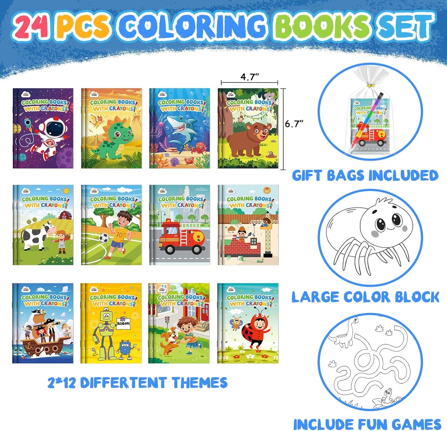 ZMLM 24 Coloring Books for Kids Party Favors: Bulk 24 Crayons Mini Coloring Books for Kids Ages 4-8 Birthday Goodie Bags Stuffers Toddlers Return Gifts Classroom Prizes Teacher Crafts (Boys)