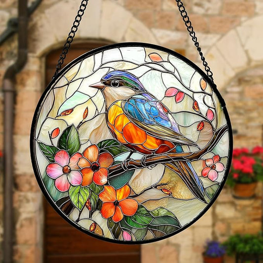 Stained Glass Window Hanging, Blue Bird Pink Flower Suncatcher Diamond Glass Panel Bird Sun Catchers Decor for Birthday for Women, Men, Wife, Aunt, and Mom 7.8 in