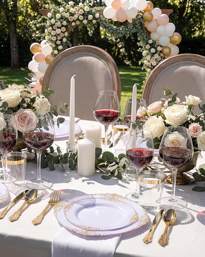 Nervure 100Pcs White and Gold Plastic Plates - 7.5inch Gold Disposable Plates - Heavyweight Plastic Dessert Plate for Wedding & Party