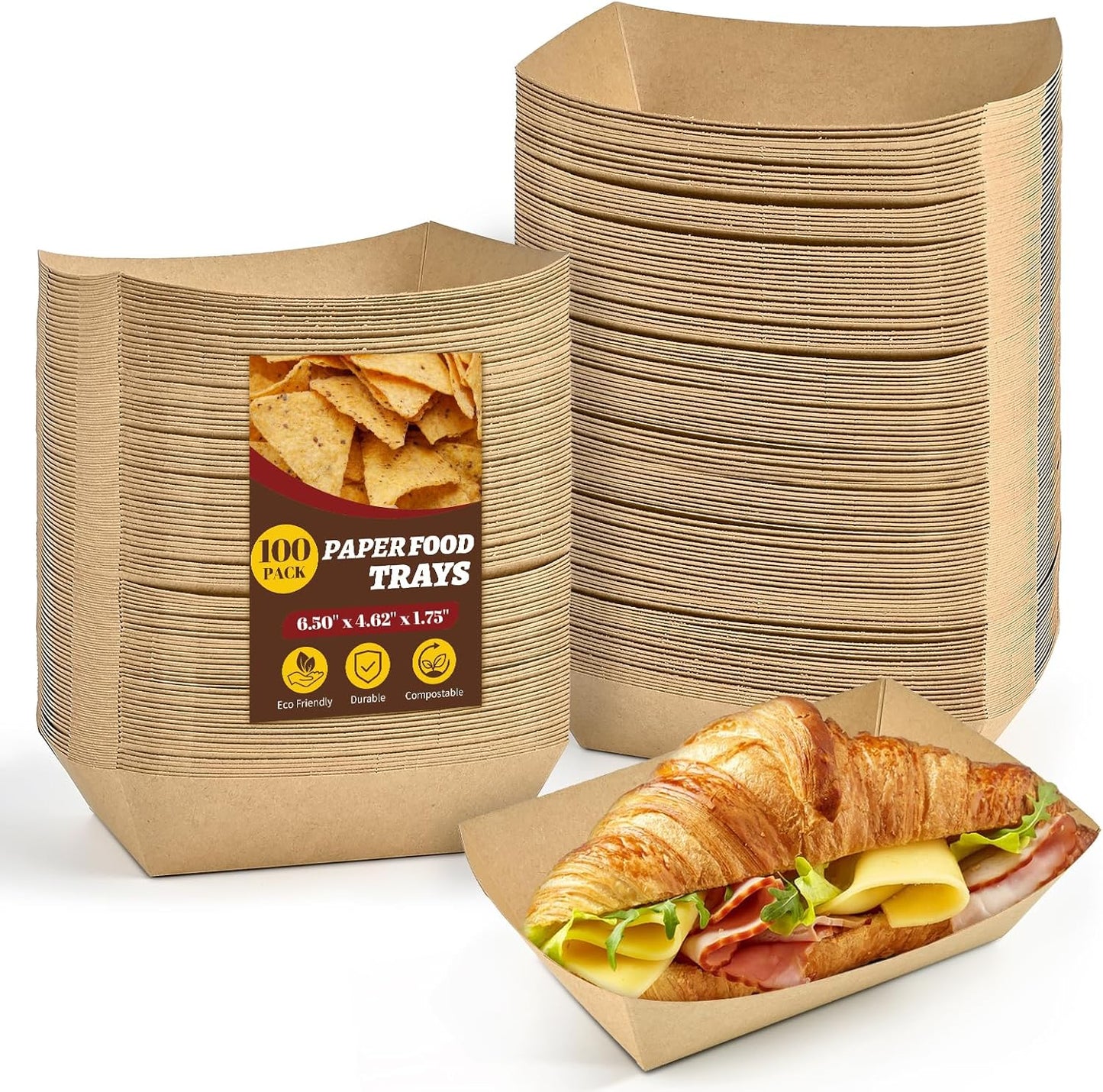 Ocmoiy 2lb Paper Food Trays, 100 Pack Heavy Duty Kraft Food Boats Holders Disposable Serving Basket Trays for Hot Dog, Nachos, Tacos, Fries, BBQ, Festivals, Party