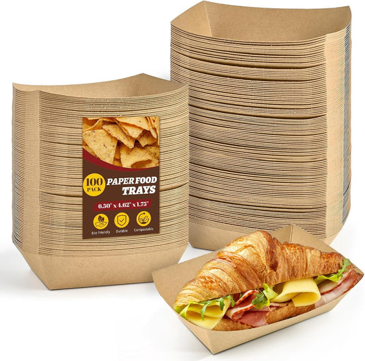 Ocmoiy 2lb Paper Food Trays, 100 Pack Heavy Duty Kraft Food Boats Holders Disposable Serving Basket Trays for Hot Dog, Nachos, Tacos, Fries, BBQ, Festivals, Party