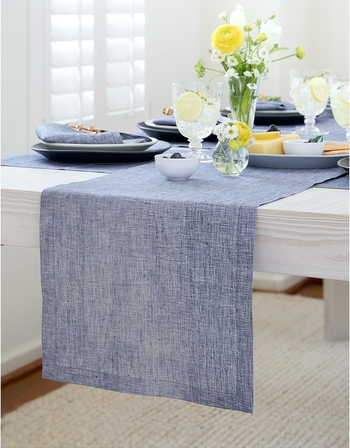 Solino Home Linen Short Table Runner 60 Inches - Athena, 100% Pure Linen Chambray Indigo Table Runner 14 x 60 Inch Ideal for Dresser and Coffee Tables - Christmas, Holiday