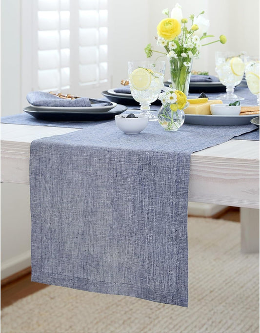 Solino Home Linen Table Runner 144 Inches Long - Athena, 100% Pure Linen Chambray Indigo 14 x 144 Inch Table Runner for Dining, Christmas