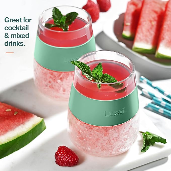 Wine Glasses, Plastic Wine Glasses Set of 2, Wine Gifts, Double Wall Insulated Freezer Tumbler, Stemless Freezer cups for Red and white Wine, 8.5 Oz, Sage Green