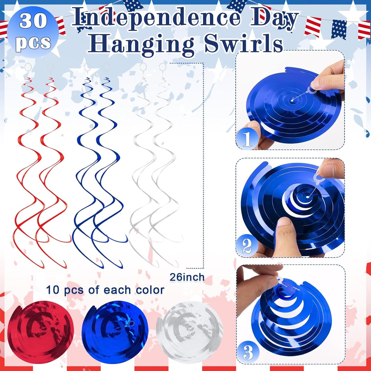 30 pcs Hanging Swirl Decorations Plastic Streamer Ceiling Swirls Party Decorations for 4th of July, Patriot Day, Veterans Day (Blue Red Sliver)
